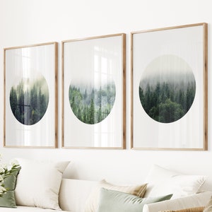 Modern Forest Poster Landscape Circle Art Forest Giclee Set Circle Nordic Fog Forest Nature Set 3 Photo Large Wall Art Scandinavian Print