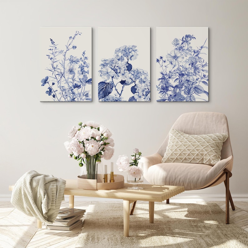 Blue Chinoiserie Floral Art Prints: Botanical Watercolor Set of 3 - Etsy