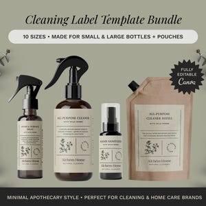 May include: A collection of cleaning product bottles and a refill pouch with labels. The bottles are brown with black spray nozzles and white labels. The refill pouch is tan. Text includes "Cleaning Label Template Bundle" and "All-Purpose Cleaner".