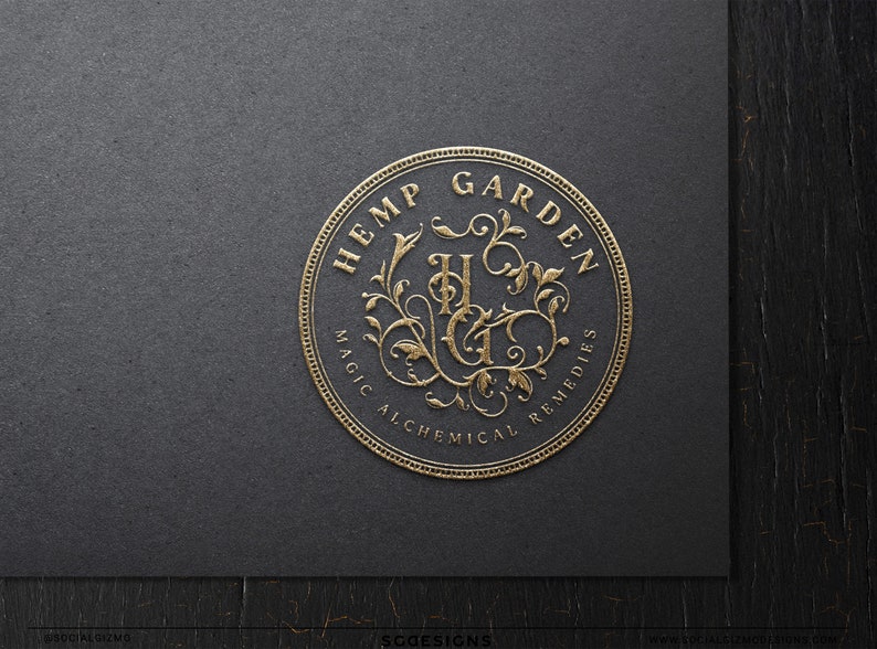 Circular vintage emblem logo with apothecary typography and decorative botanical elements. Mystical herbalist branding design inspired by old botanical labels and antique remedy packaging, suitable for handmade candle companies, herbal skincare brands, botanical wellness businesses, and artisan product makers.