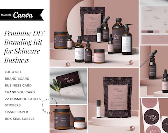 Skincare Branding Kit Canva Template, Beauty Brand Kit, Feminine Cosmetic Branding Package, Logo Brand Board Labels