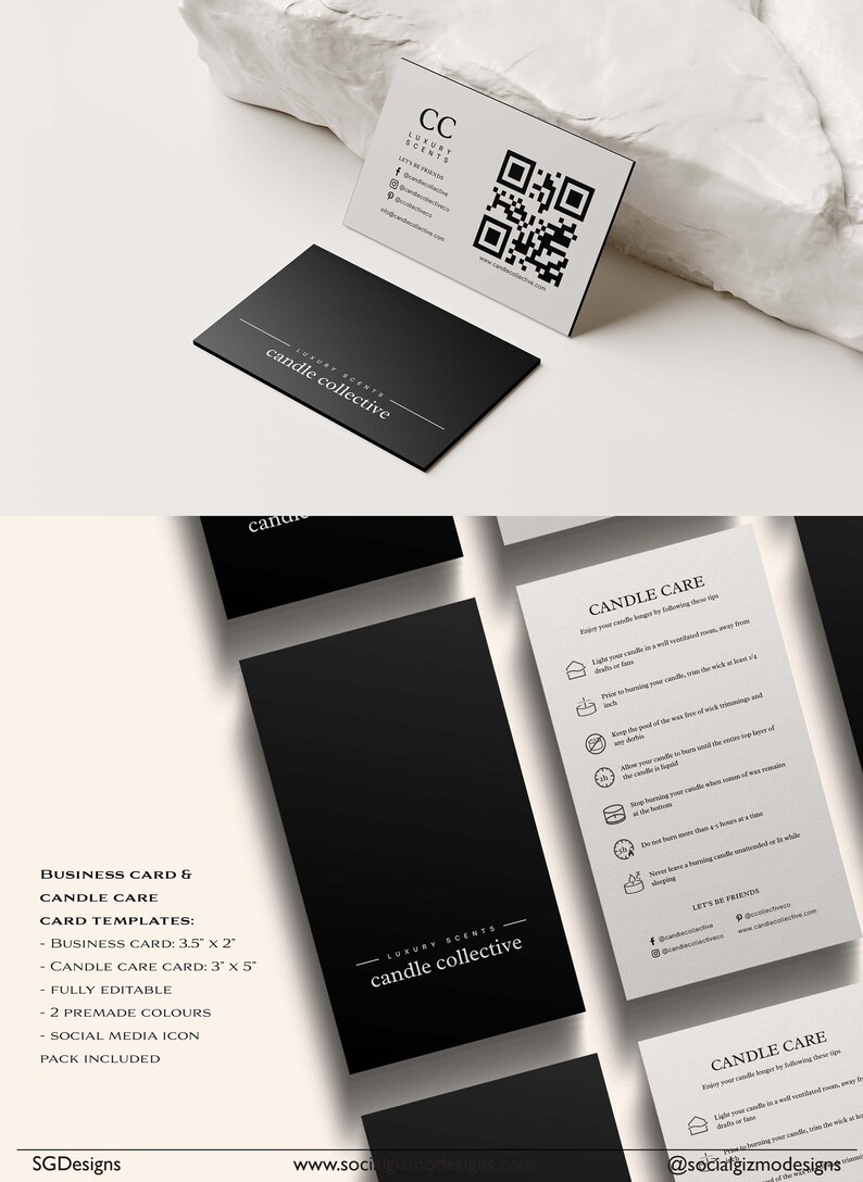 May include: Black and white business card mockup for candle collective, a luxury scents company. The card features a QR code, social media icons, and the text "candle collective".