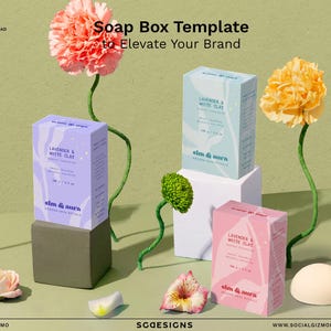 May include: A product shot featuring soap boxes with floral accents. The boxes, in shades of lavender, light blue, and pink, display the text "Lavender & White Clay". The image includes flowers and a soap bar, with the text "Soap Box Template to Elevate Your Brand".