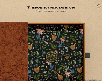 May include: A close-up of a box with a green background and a floral pattern. The box is open and the inside is lined with tissue paper. The tissue paper has a floral pattern with butterflies, scissors, and a mortar and pestle. The tissue paper is labeled "Hemp Garden".