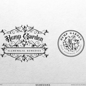 K&ouml;nnte beinhalten: Schwarzwei&szlig;es Logo-Design f&uuml;r Hemp Garden mit einem stilisierten floralen Design und dem Text "Hemp Garden" und "Alchemical Remedies".