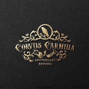 May include: Gold logo design featuring a raven, ornate scrollwork, and the text "Corvus Carmina Apothecary Potions".