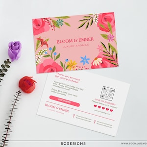 Bearbeitbare Blumen-Dankeskartenvorlage für kleine Unternehmen, Blumenrosa-Dankeschön-Einlage, Canva-Vorlage für Verpackung, Bestellkarte # 059