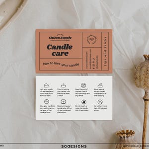 Candle care card template mockup displayed beside botanical styling elements, featuring editable retro packaging insert cards for candle businesses.