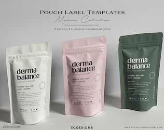May include: Three pouch labels with a modern design. The labels are white, pink, and green. Each label has the text "derma balance" and "natural skincare" with the words "mineral bath soak with lavender" below. The labels are for bath products.