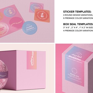 Sticker and box seal label designs included in the skincare branding kit, featuring round retro graphics and coordinated colour variations for product packaging