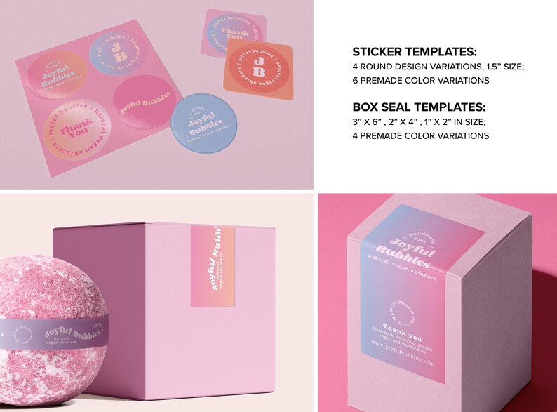Sticker and box seal label designs included in the skincare branding kit, featuring round retro graphics and coordinated colour variations for product packaging