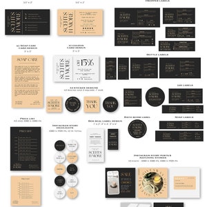 May include: Branding package for a business called "Scents Il More" with a black and gold color scheme. The package includes business cards, thank you cards, soap care cards, coupons, stickers, dropper labels, bottle labels, jar labels, price lists, Instagram story highlights, box seal labels, bath bomb labels, soap labels, and Instagram story posts. The package comes in three premade colors and some templates come in three extra color variations.