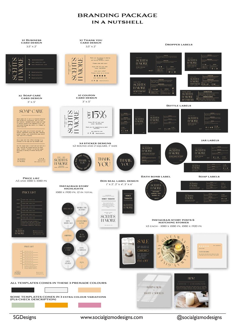 May include: Branding package for a business called "Scents Il More" with a black and gold color scheme. The package includes business cards, thank you cards, soap care cards, coupons, stickers, dropper labels, bottle labels, jar labels, price lists, Instagram story highlights, box seal labels, bath bomb labels, soap labels, and Instagram story posts. The package comes in three premade colors and some templates come in three extra color variations.