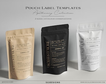 May include: Three pouch label templates for bath products. The labels are in brown, black, and white with gold text. The text on the labels reads "SCENTS II MORE" and "Chamomile Mix".