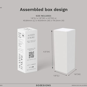 Technical 3D mockup showing the 1.6 by 1.6 by 4.5 inch dimensions for a standard skincare dropper bottle.