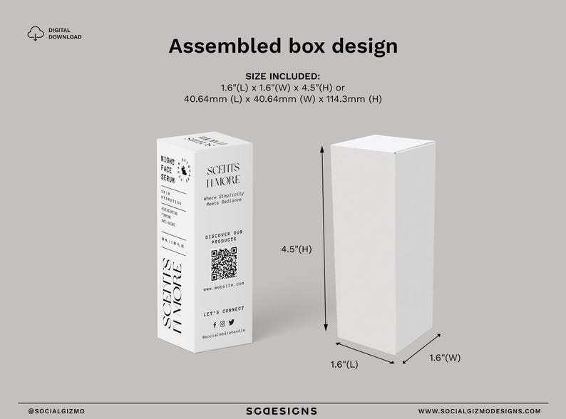 Technical 3D mockup showing the 1.6 by 1.6 by 4.5 inch dimensions for a standard skincare dropper bottle.