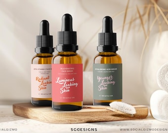 Plantilla de etiquetas para el cuidado de la piel, etiquetas editables para frascos de suero con gotero, diseño de etiquetas cosméticas en Canva, empaques de belleza minimalistas y modernos 009