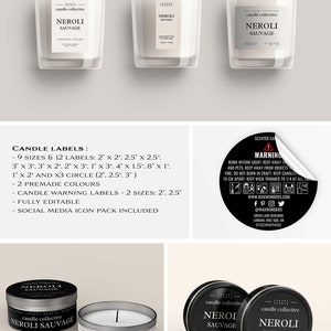 May include: Candle label mockup featuring nine different sizes and twelve labels. The labels are in black and white with the text "NEROLI SAUVAGE" and "candle collective". The labels are displayed on a white background. The image also includes a warning label for candles.