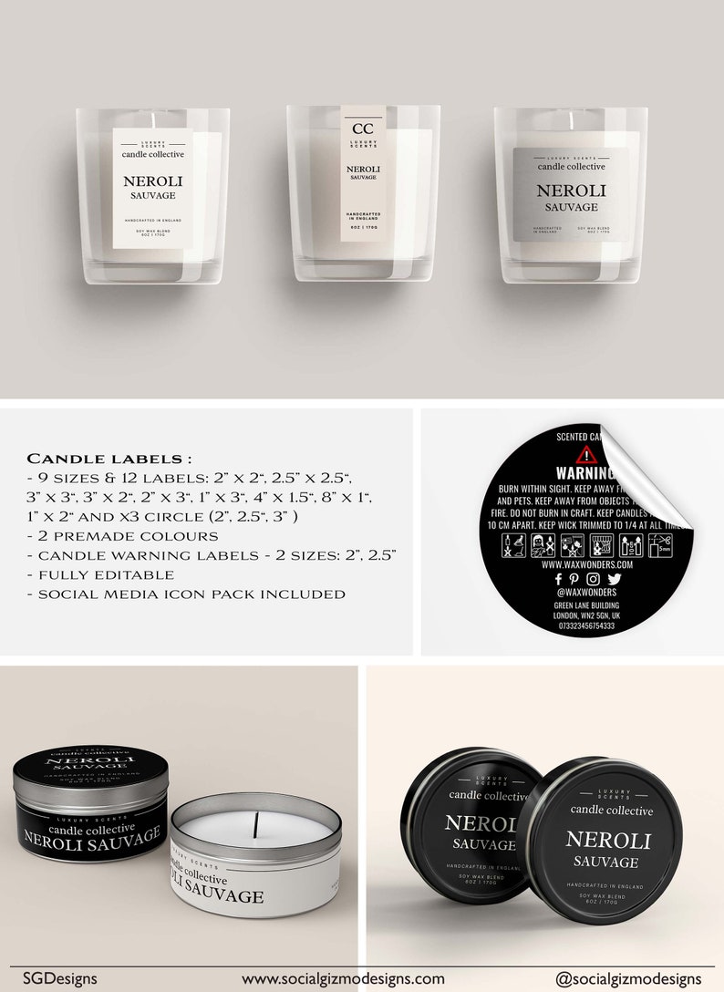 May include: Candle label mockup featuring nine different sizes and twelve labels. The labels are in black and white with the text "NEROLI SAUVAGE" and "candle collective". The labels are displayed on a white background. The image also includes a warning label for candles.