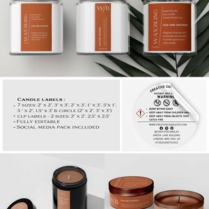 Candle jars and tins with modern labels in warm orange tones showing cohesive branding across products