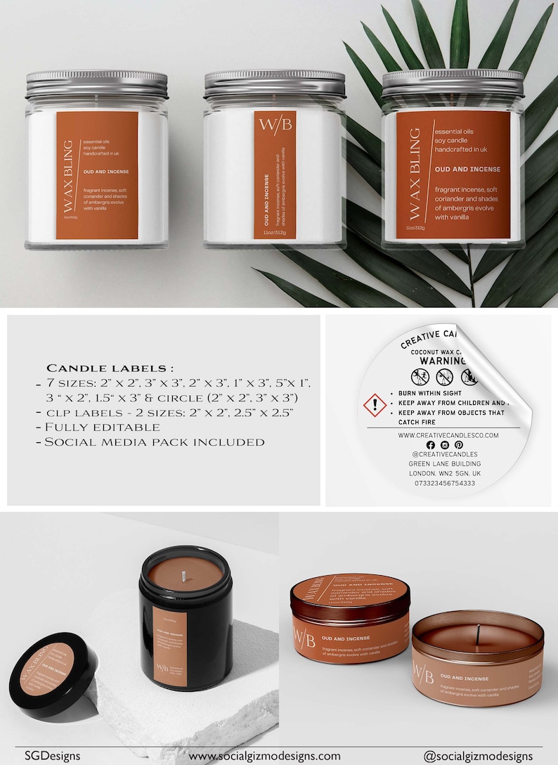 Candle jars and tins with modern labels in warm orange tones showing cohesive branding across products