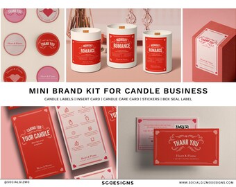 May include: A branding kit for a candle business, featuring red and white labels with the text "Heart & Flame" and "Midnight Romance". The kit includes candle labels, an insert card, a candle care card, stickers, and a box seal label.
