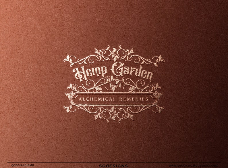 Elegant vintage botanical logo displayed as luxury branding mockup. Ornate apothecary style emblem with herbal flourishes and classic typography designed for candle brands, herbal remedy businesses, botanical skincare brands, witchy wellness brands, and handcrafted product businesses.