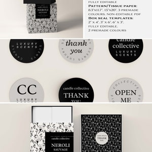 May include: Black and white candle box mockup with a floral pattern. The box is labelled "Neroli Sauvage" and "Candle Collective". The image also includes several round stickers with different designs and text, such as "Thank You", "Open Me", and "Luxury Scents".