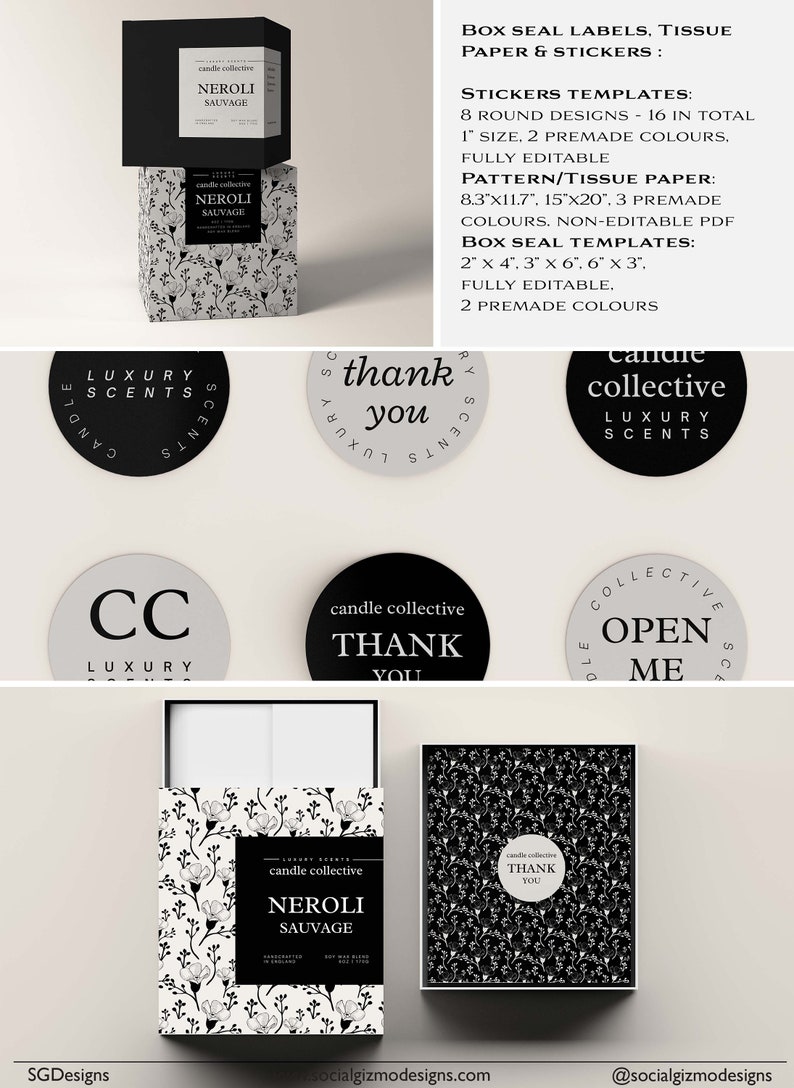May include: Black and white candle box mockup with a floral pattern. The box is labelled "Neroli Sauvage" and "Candle Collective". The image also includes several round stickers with different designs and text, such as "Thank You", "Open Me", and "Luxury Scents".