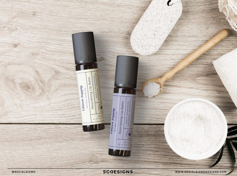 Lip balm label template in modern retro style, cosmetic packaging design for small beauty products, editable Canva template