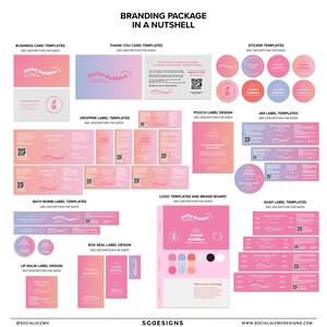Flat lay of retro skincare branding kit elements including logo designs, business cards, thank you cards, labels, stickers, and brand board templates in a playful pink colour palette