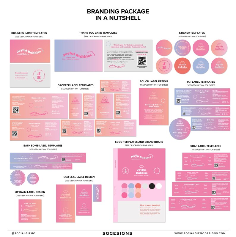 Flat lay of retro skincare branding kit elements including logo designs, business cards, thank you cards, labels, stickers, and brand board templates in a playful pink colour palette