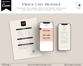 Plantilla de lista de precios para negocios de velas: Diseño minimalista editable para impresión y formato digital (descarga digital)