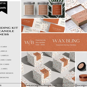 Candle branding kit Canva template showing logo, labels, packaging and cards in modern minimal style with terrazzo pattern accents