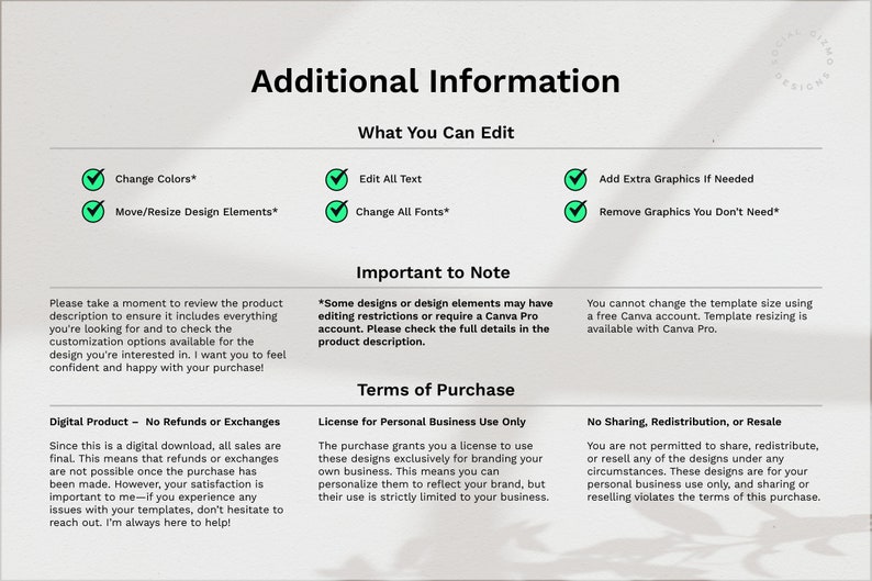 May include: A white background with green tick marks next to a list of editable features for a digital product. The list includes: Change Colors, Move/Resize Design Elements, Edit All Text, Change All Fonts, Add Extra Graphics If Needed, and Remove Graphics You Don't Need. The text "Important to Note" is highlighted in bold. The text below explains that some designs may require a Canva Pro account. The text "Terms of Purchase" is highlighted in bold. The text below explains that the purchase grants a licence to use the designs exclusively for branding your own business. The text "No Sharing, Redistribution, or Resale" is highlighted in bold. The text below explains that you are not permitted to share, redistribute, or resell any of the designs under any circumstances.