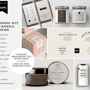 May include: Branding kit for a candle business, featuring a variety of design elements, including logo templates, candle labels, and social media graphics. The kit is available in a rustic style with a brown and white color scheme. The text "RUSTIC CANDLE CO" is featured prominently throughout the design.