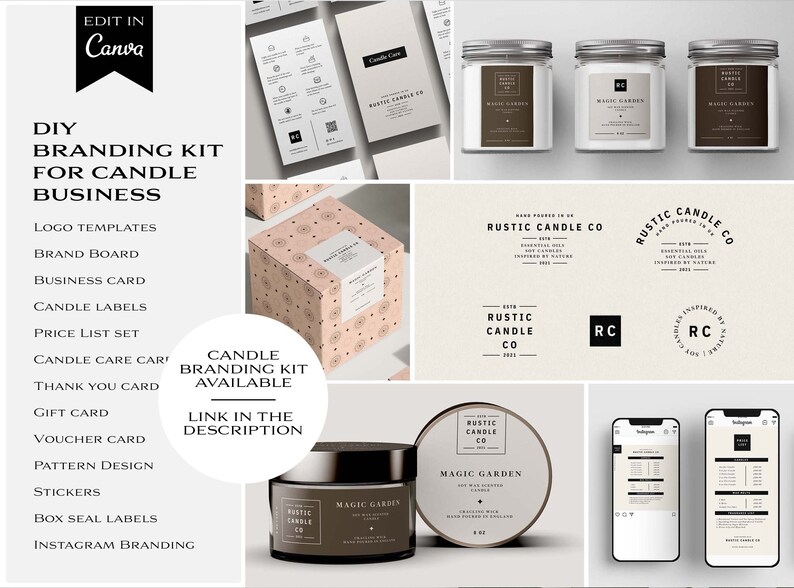 May include: Branding kit for a candle business, featuring a variety of design elements, including logo templates, candle labels, and social media graphics. The kit is available in a rustic style with a brown and white color scheme. The text "RUSTIC CANDLE CO" is featured prominently throughout the design.
