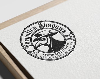 Vintage Plague Doctor Logo Premade, Victorian Apothecary Badge, Steampunk Engraved Emblem Semi Custom