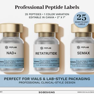 Peptide Vial Label Templates, Modern Research Peptide Labels, Editable Canva Lab Packaging, Professional Label Set 090