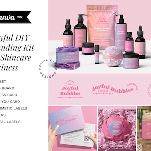 Playful retro skincare branding kit displayed with cosmetic packaging including bottles, jars and labels in pink and pastel tones, featuring logo design, brand elements and editable Canva templates for beauty businesses