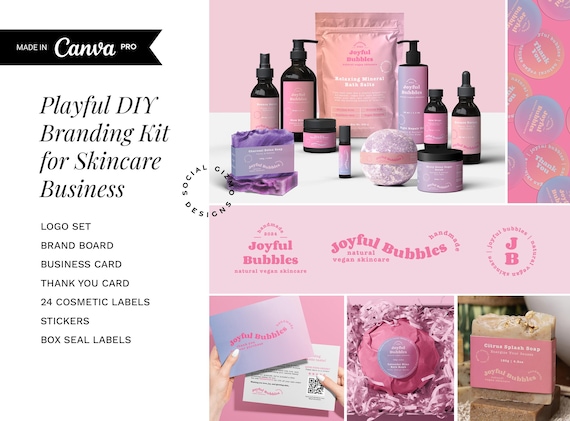 Retro Skincare Branding Kit, Playful DIY Cosmetic Labels & Logo Set, Editable Canva Pro Templates for Small Business