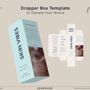 Dropper Box Template: Modern Skincare Packaging Design Editable in Canva Pro