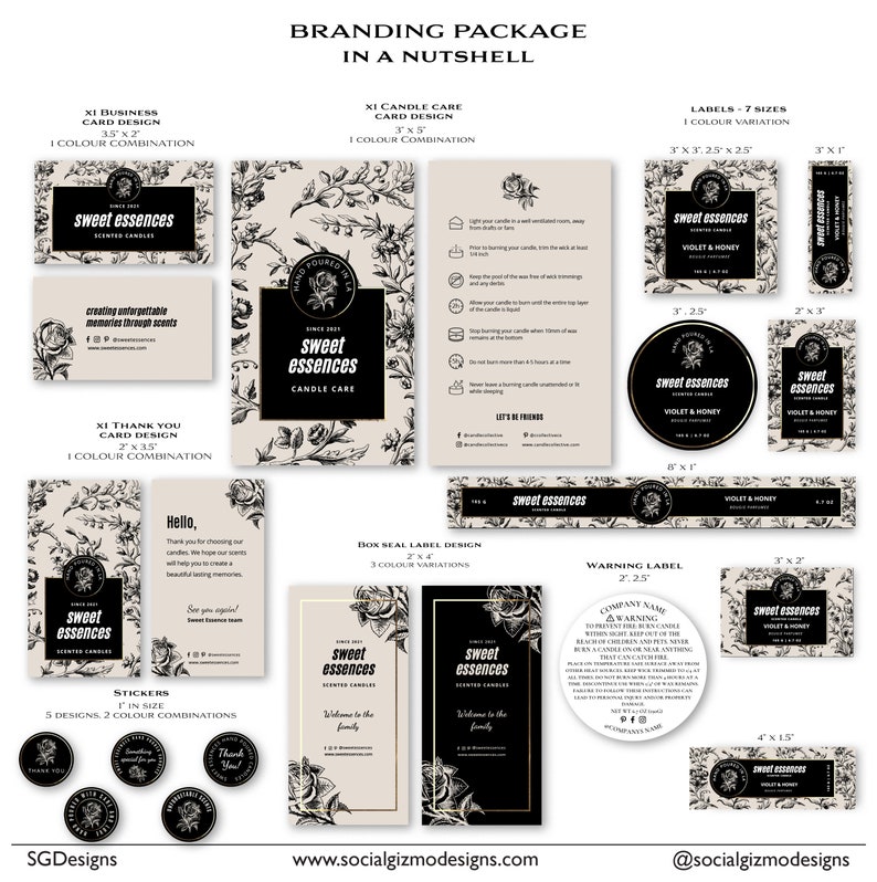 May include: Branding package for a candle company called "Sweet Essences". The package includes a business card, candle care card, thank you card, box seal label, warning label, and stickers. The design features a black and white floral pattern with gold accents.