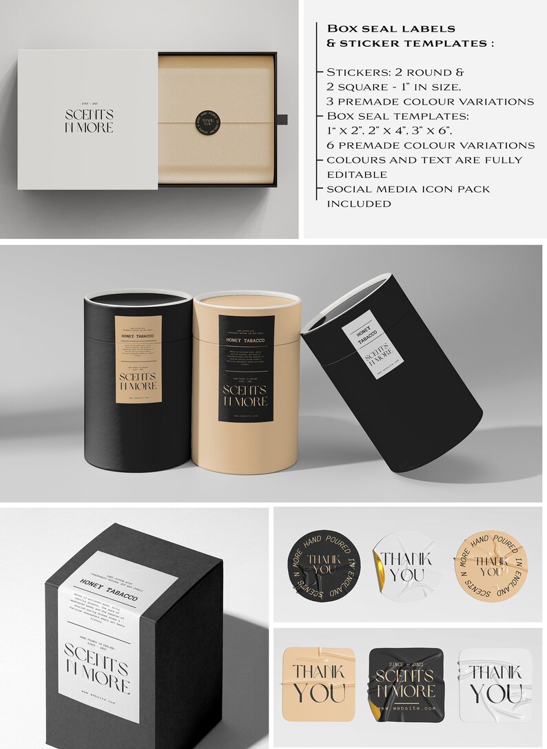 May include: A set of black and brown candle labels with gold lettering. The labels feature the text "SCENTS HMORE" and "HONEY TABACCO". The set also includes round and square stickers with the text "THANK YOU" and "SCENTS HMORE".