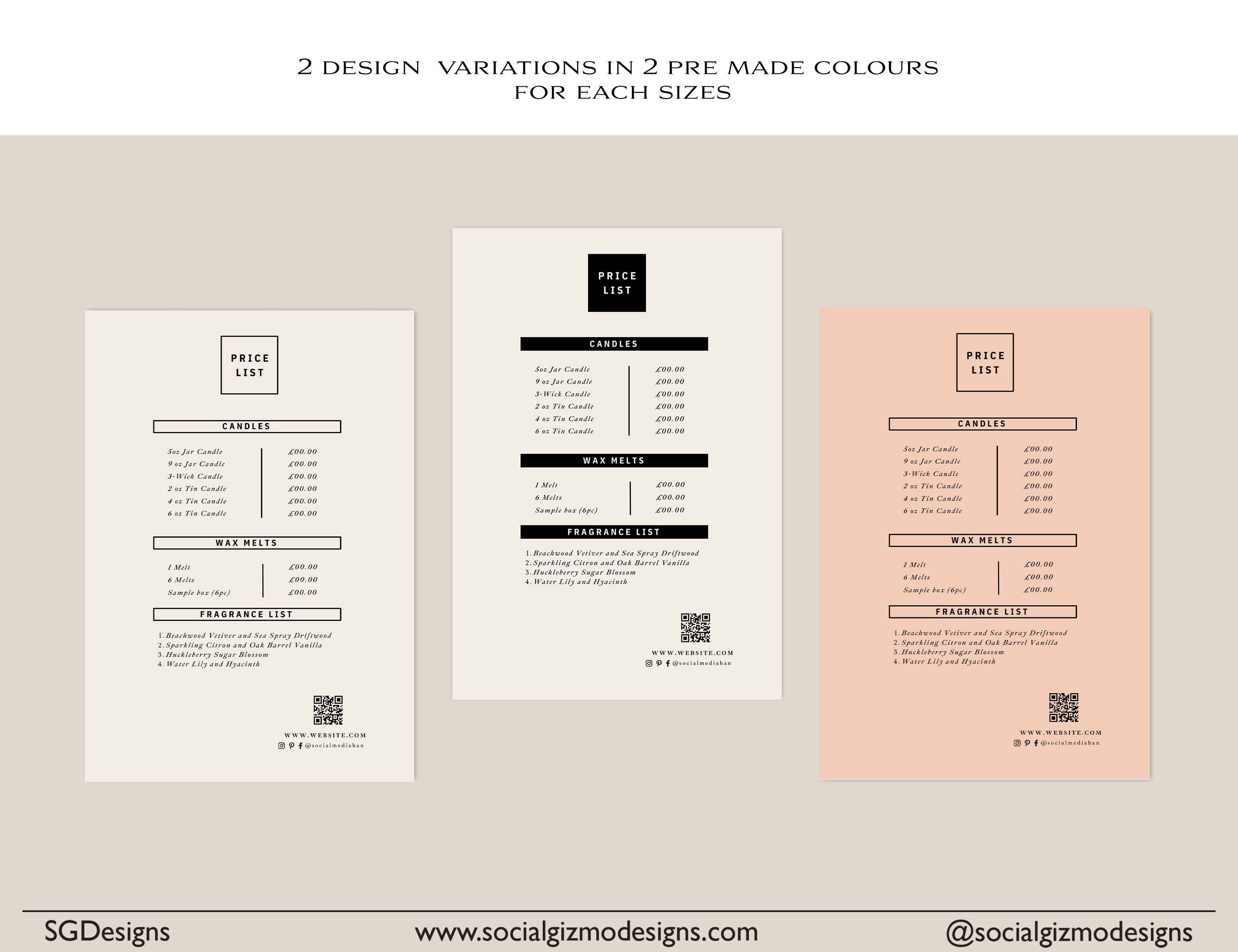 Minimal Price List Template for Candle Business Editable Etsy Singapore