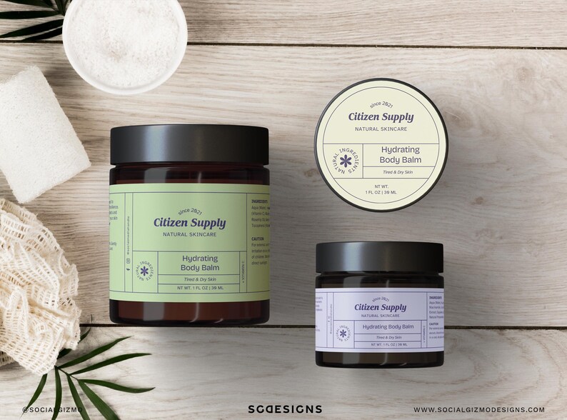 Skincare jar and lid label templates shown from top view, clean structured cosmetic packaging design for creams and balms