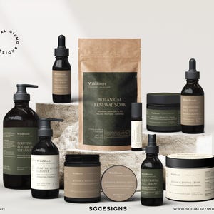 May include: A collection of WildRoots skincare products, including cleansers, serums, and a botanical renewal soak. The products are in dark brown bottles and jars with minimalist labels. The packaging is arranged on a neutral background.