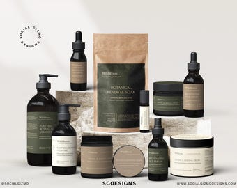Könnte beinhalten: Eine Auswahl an WildRoots Hautpflegeprodukten, darunter Reiniger, Seren und ein botanisches Erneuerungsbad. Die Produkte befinden sich in dunkelbraunen Flaschen und Gläsern mit minimalistischen Etiketten. Die Verpackung ist auf einem neutralen Hintergrund angeordnet.