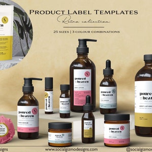 Editable Skincare Labels, Retro Label Set Design, Beauty Product Templates, Skincare Label Design, DIY Retro Skincare Labels, Canva #015