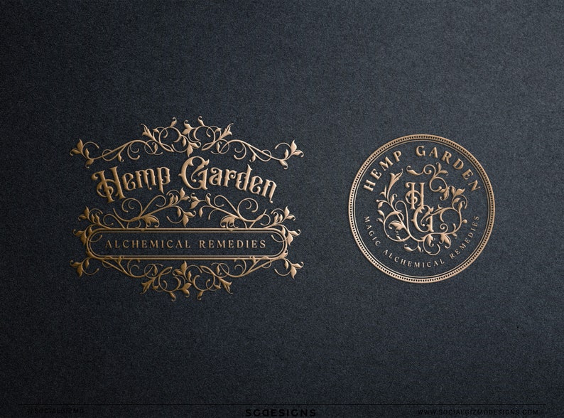 Vintage apothecary logo design with ornate botanical flourishes and alchemical typography. Premade emblem style logo set featuring elegant vintage lettering and decorative herbal scrollwork, ideal for candle brands, herbalists, apothecary shops, skincare brands, witchy wellness businesses, and mystical product brands seeking a refined old-world identity.